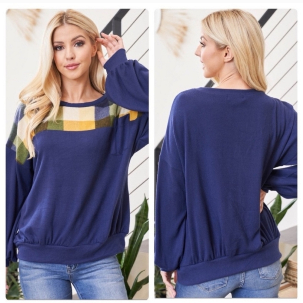🍂 Cute Soft Navy Blue and Plaid Long-Sleeved Top